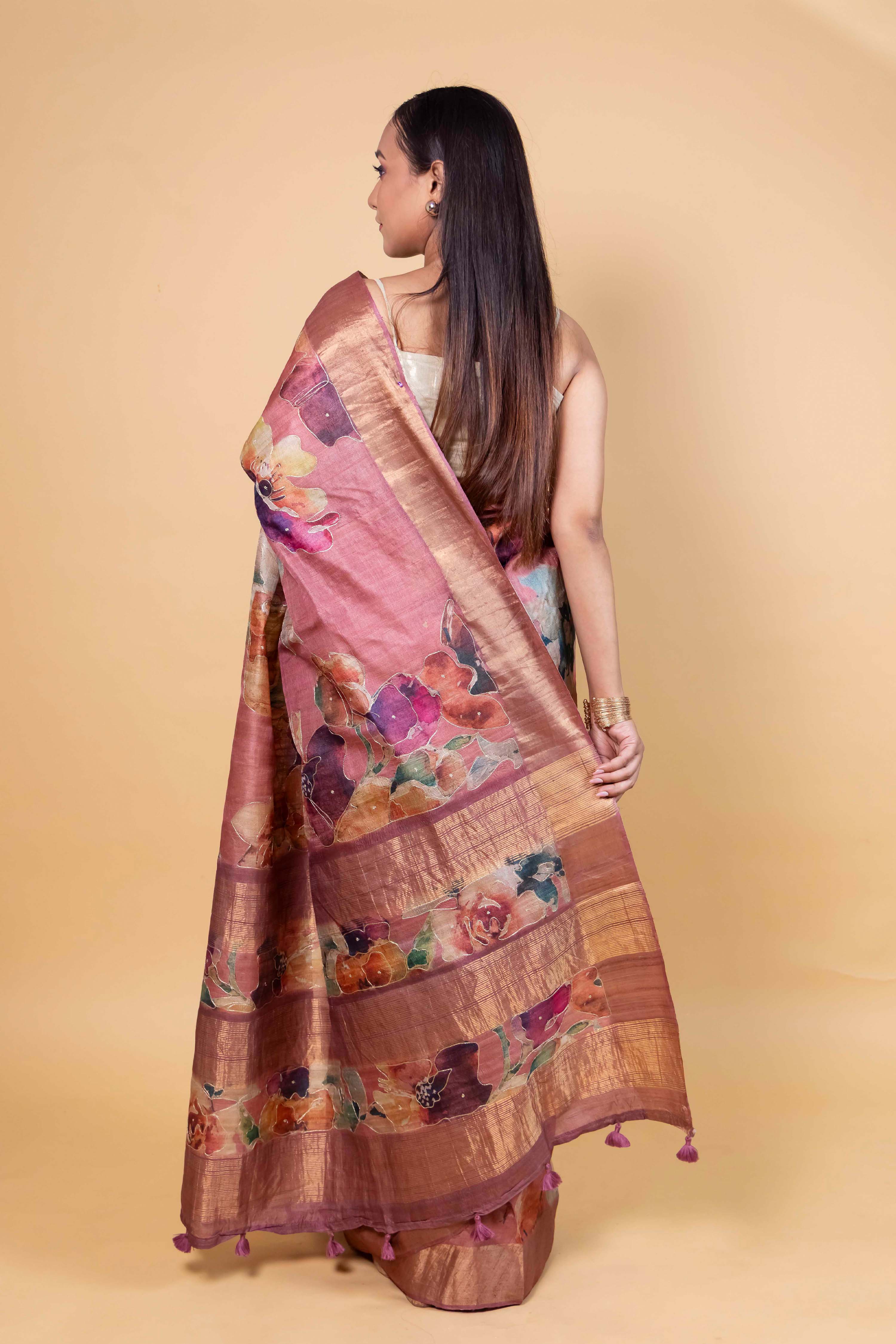Onion Pink Embellished Tussar Silk Saree