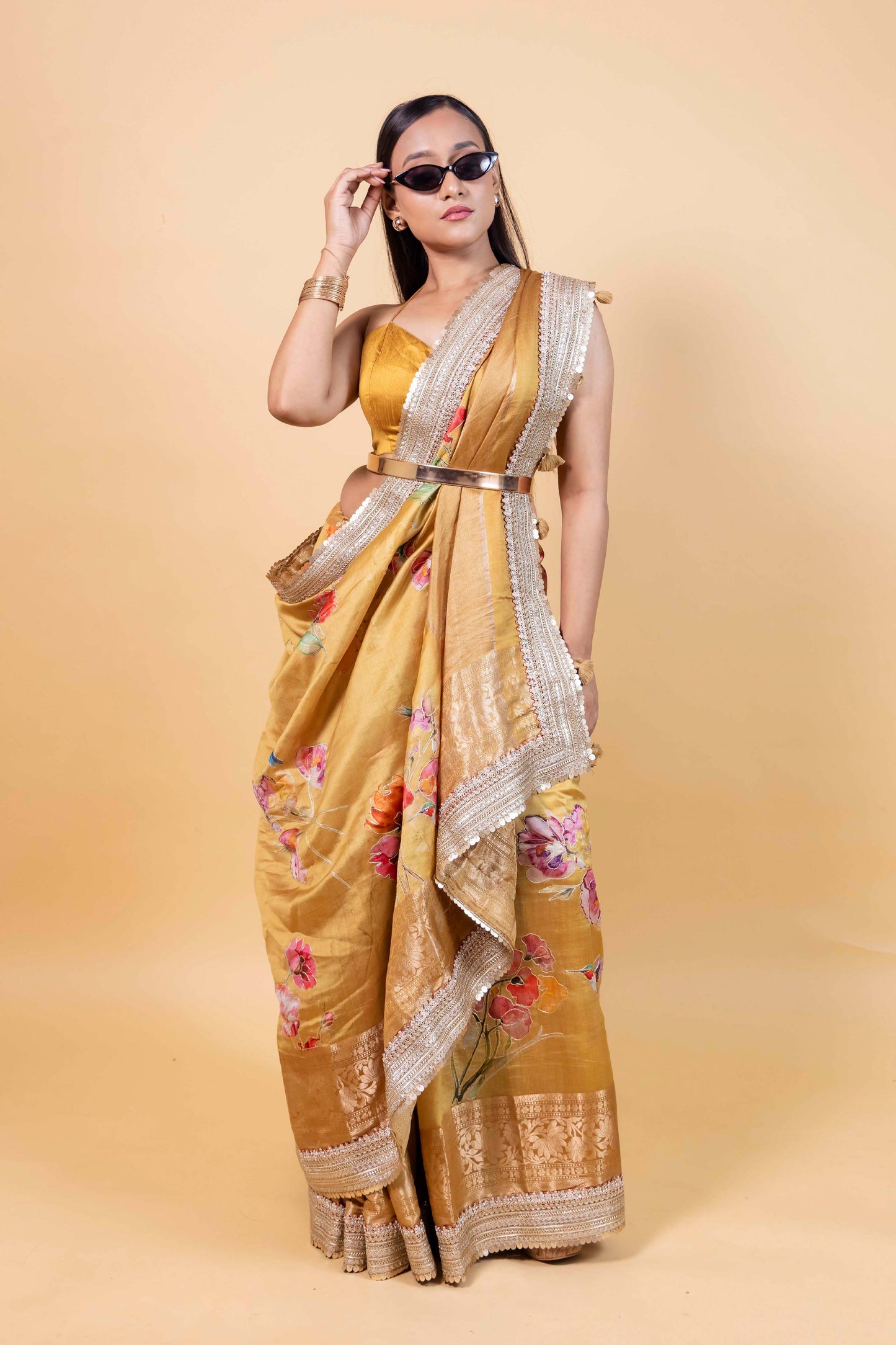 Yellow Embellished Chiniya Silk Saree