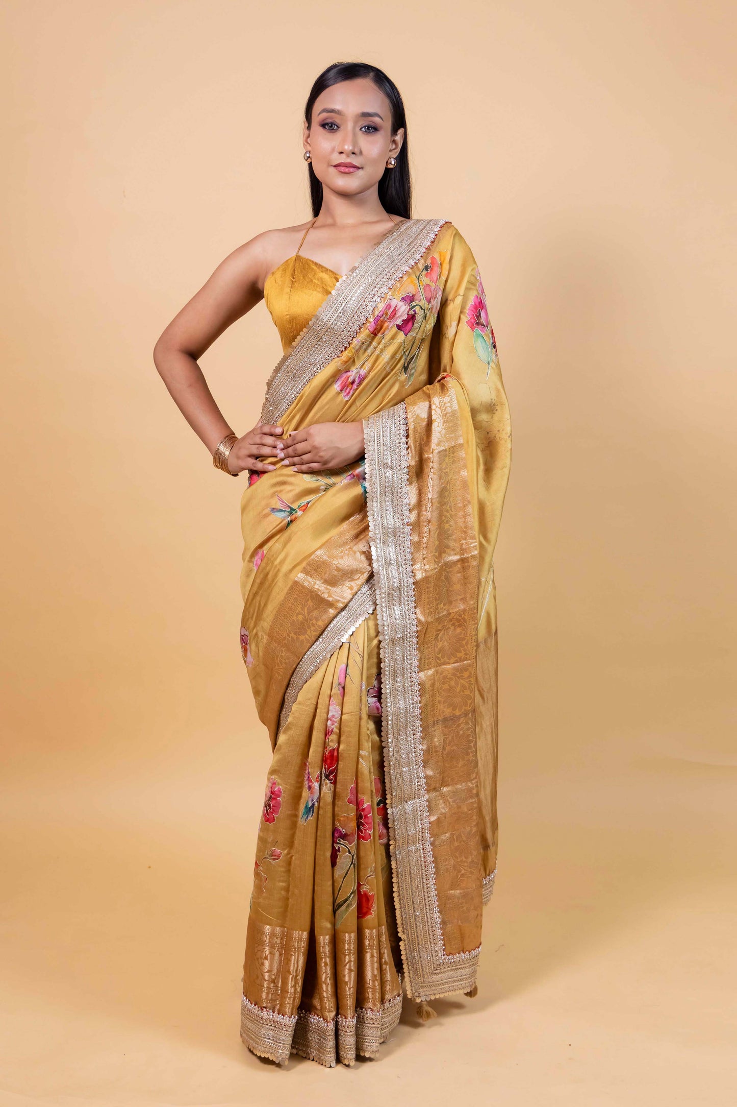 Yellow Embellished Chiniya Silk Saree