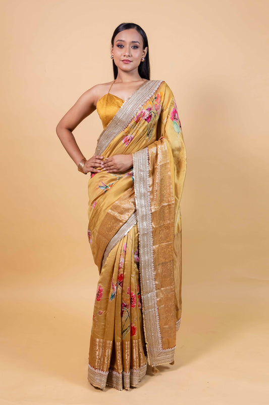 Yellow Embellished Chiniya Silk Saree