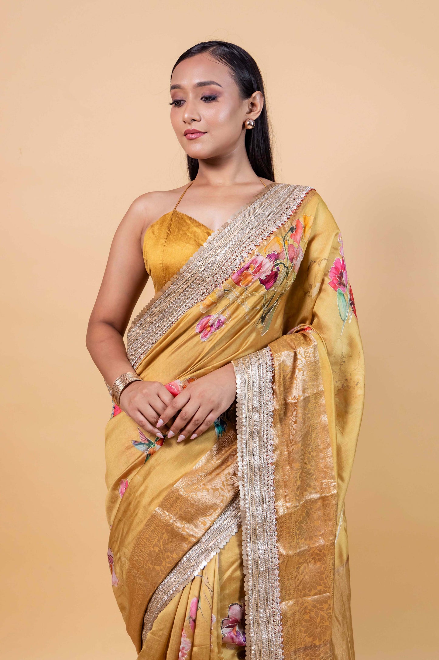 Yellow Embellished Chiniya Silk Saree