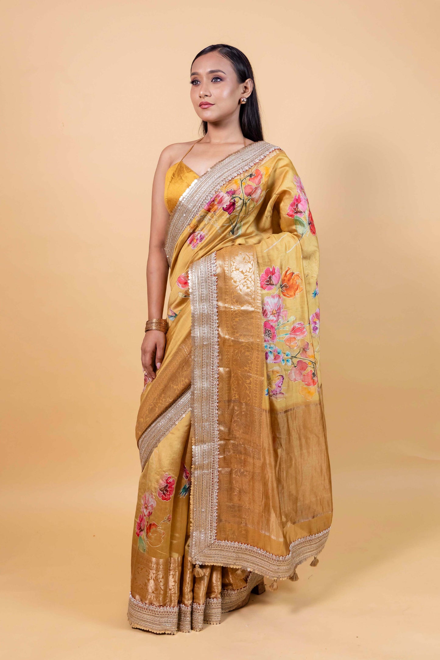 Yellow Embellished Chiniya Silk Saree