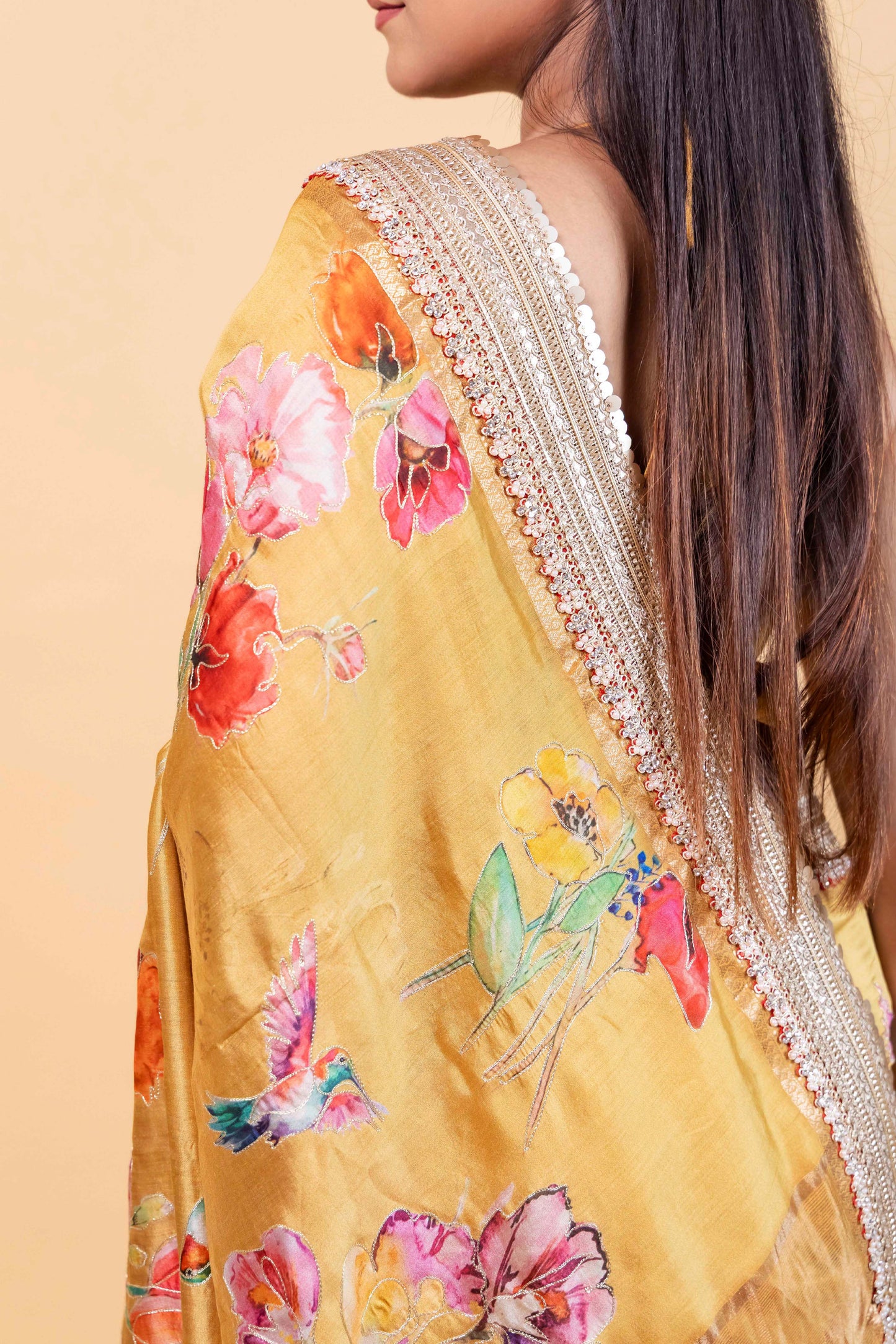 Yellow Embellished Chiniya Silk Saree