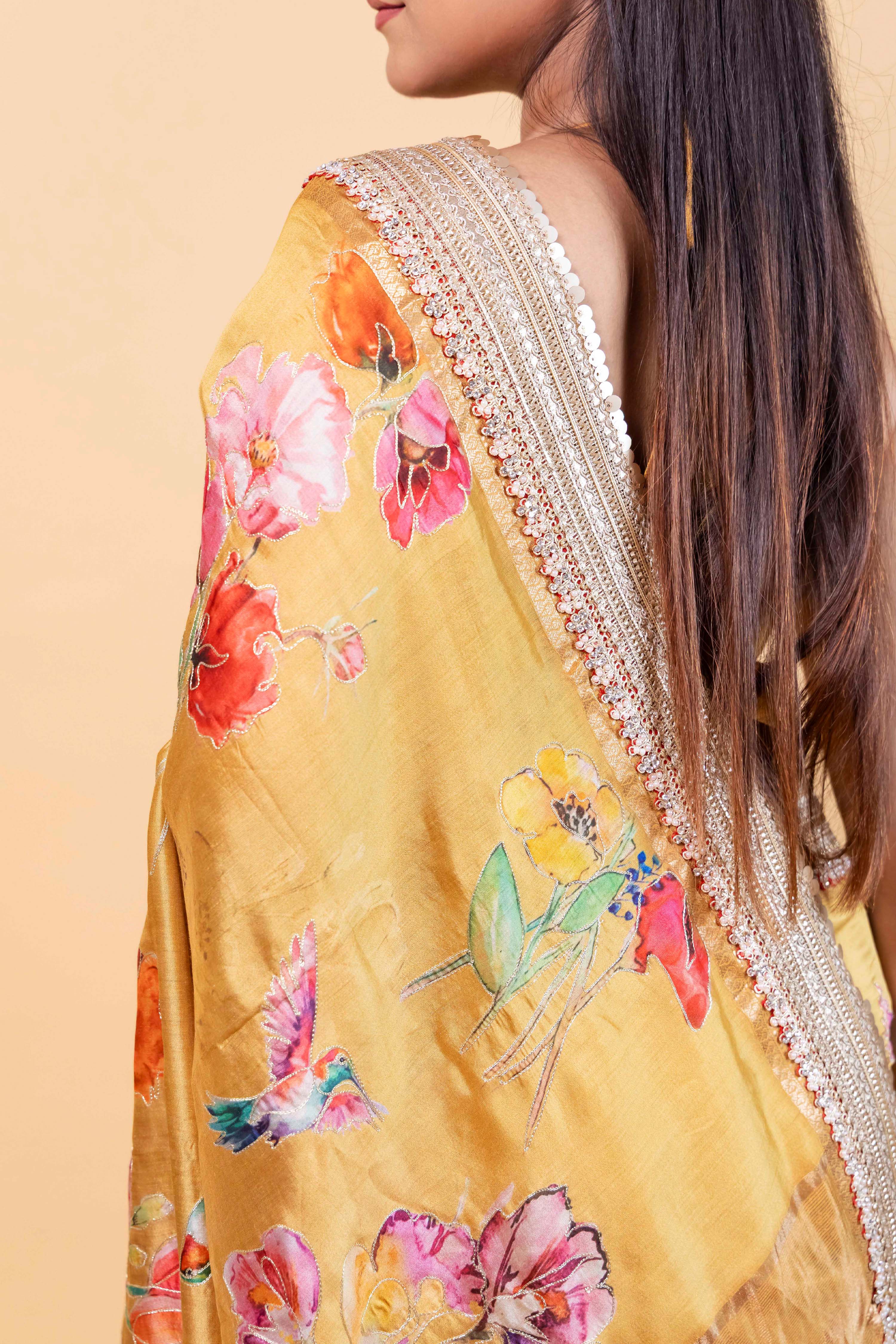 Yellow Embellished Chiniya Silk Saree