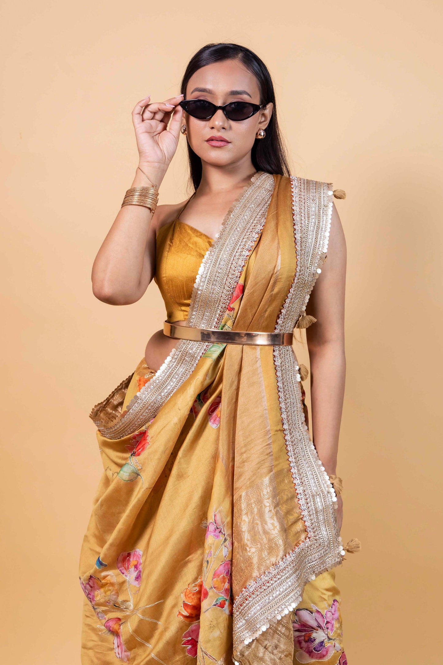 Yellow Embellished Chiniya Silk Saree