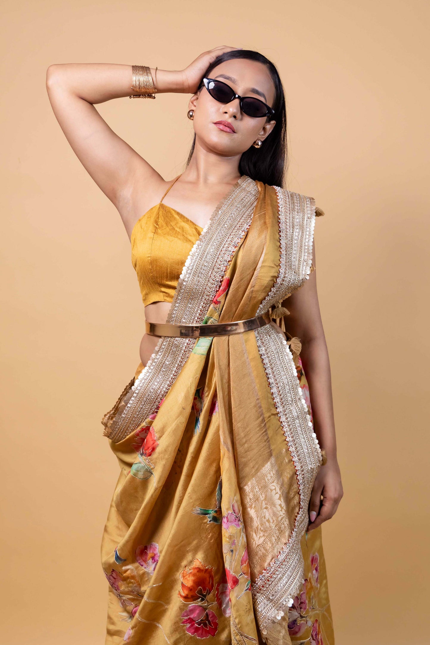 Yellow Embellished Chiniya Silk Saree