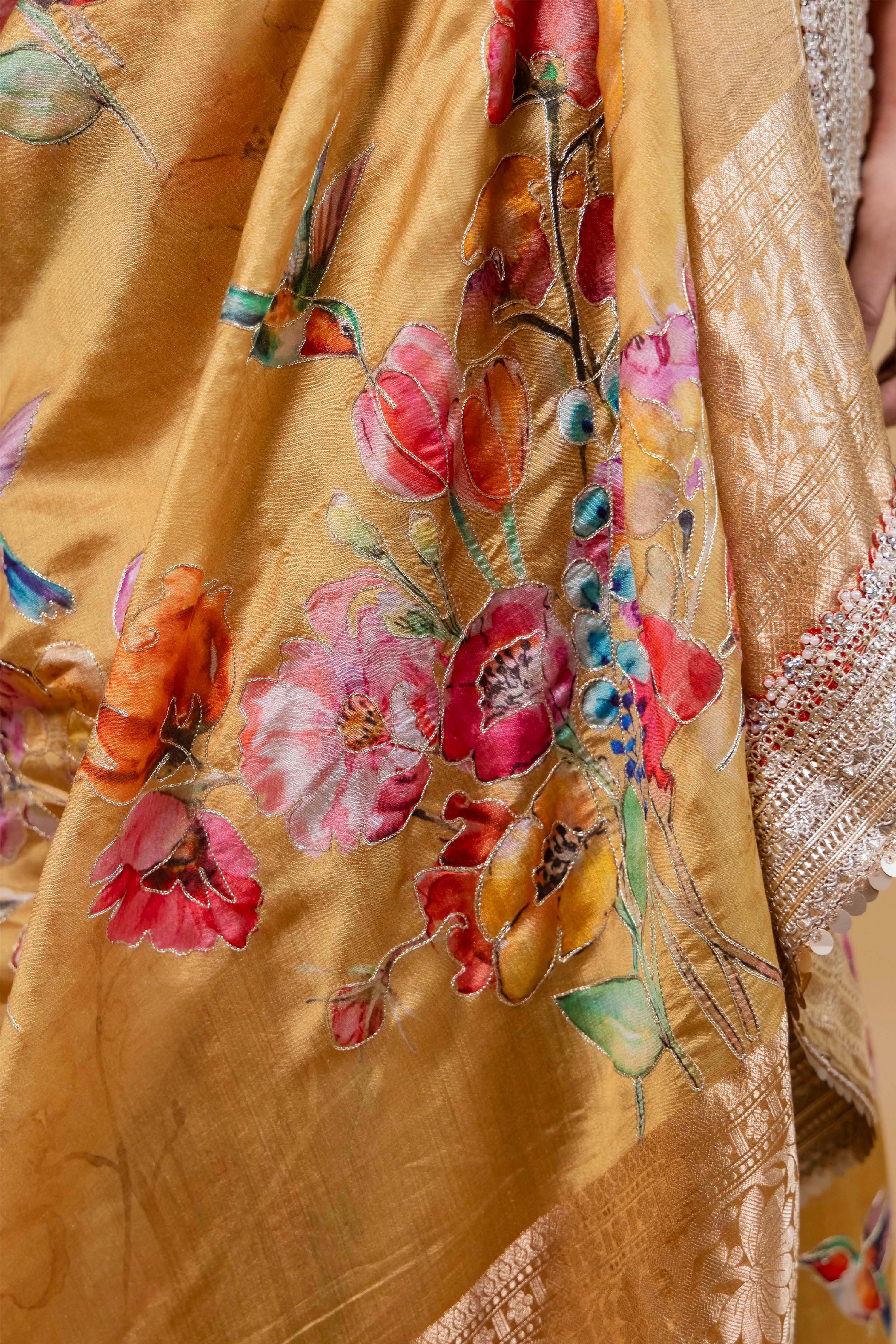 Yellow Embellished Chiniya Silk Saree