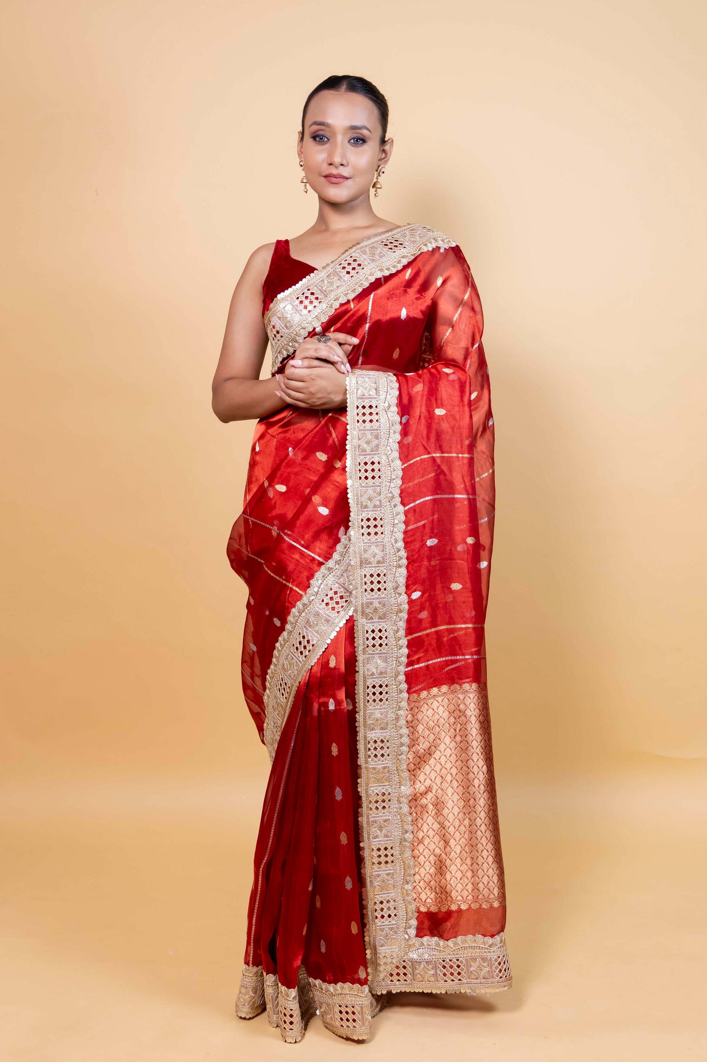Red Cocktail Tissue Silk Saree