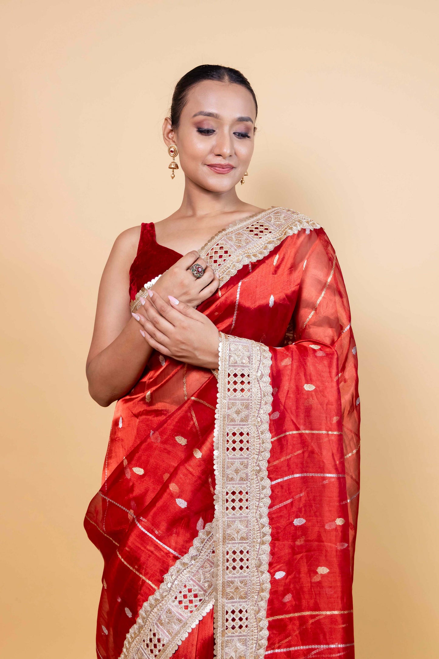Red Cocktail Tissue Silk Saree