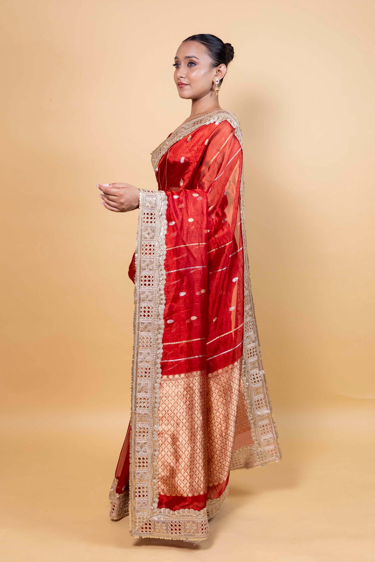 Red Cocktail Tissue Silk Saree