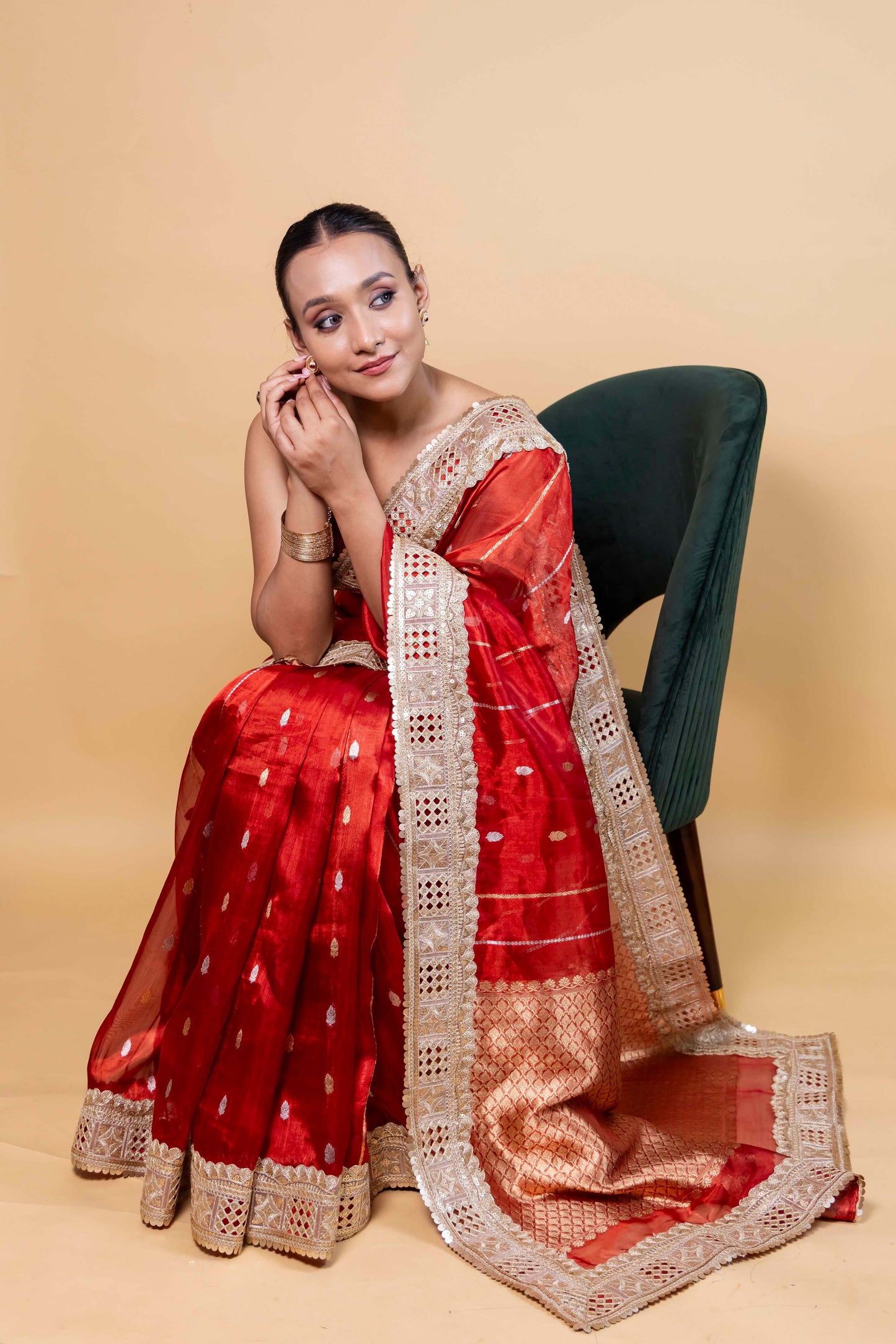 Red Cocktail Tissue Silk Saree