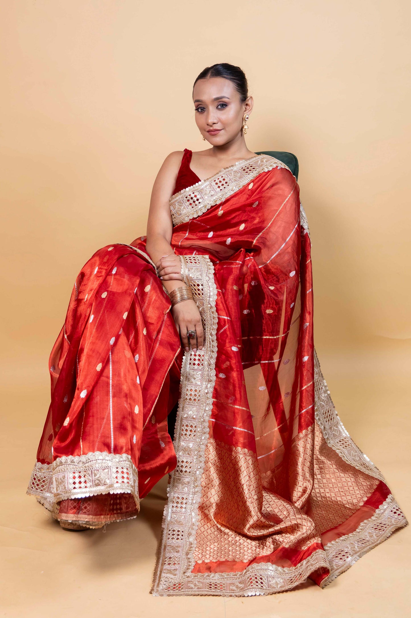 Red Cocktail Tissue Silk Saree