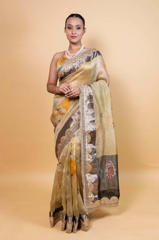 Light Green Embellished Organza Silk Saree