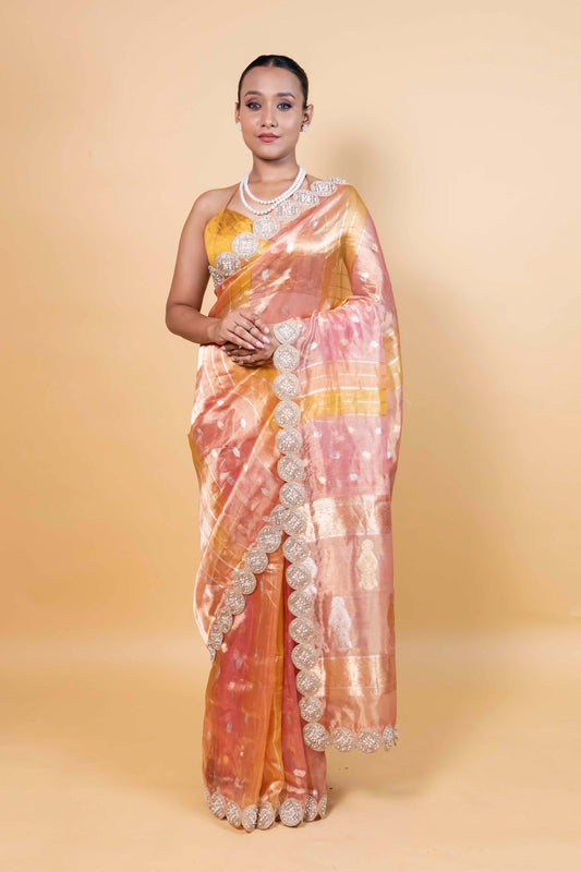 Onion Pink & Yellow Rangkat Tissue Silk Saree