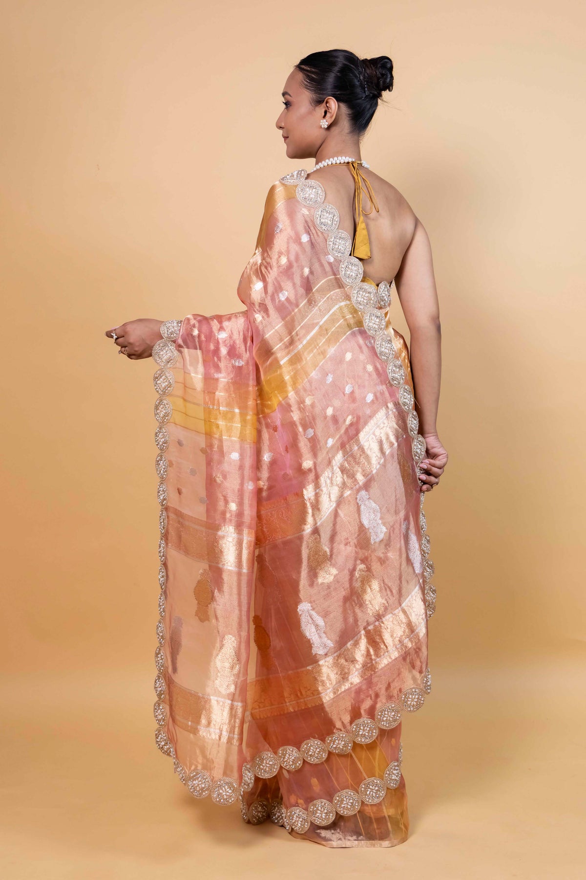 Onion Pink & Yellow Rangkat Tissue Silk Saree