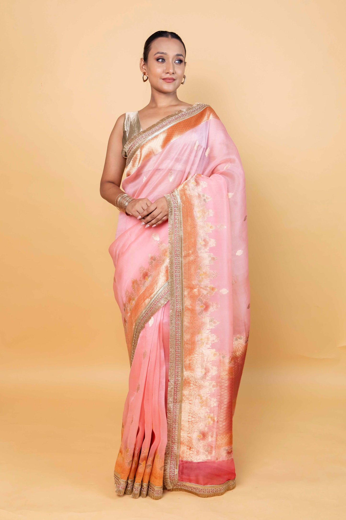 Peachy Pink Meenakari Organza Silk Saree