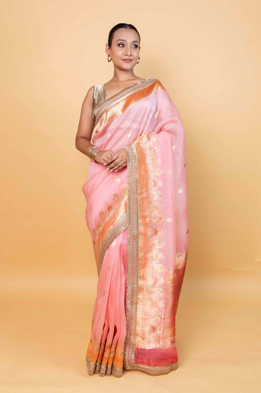 Peachy Pink Meenakari Organza Silk Saree