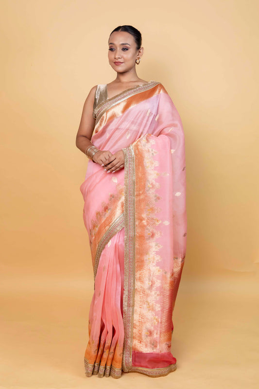 Peachy Pink Meenakari Organza Silk Saree