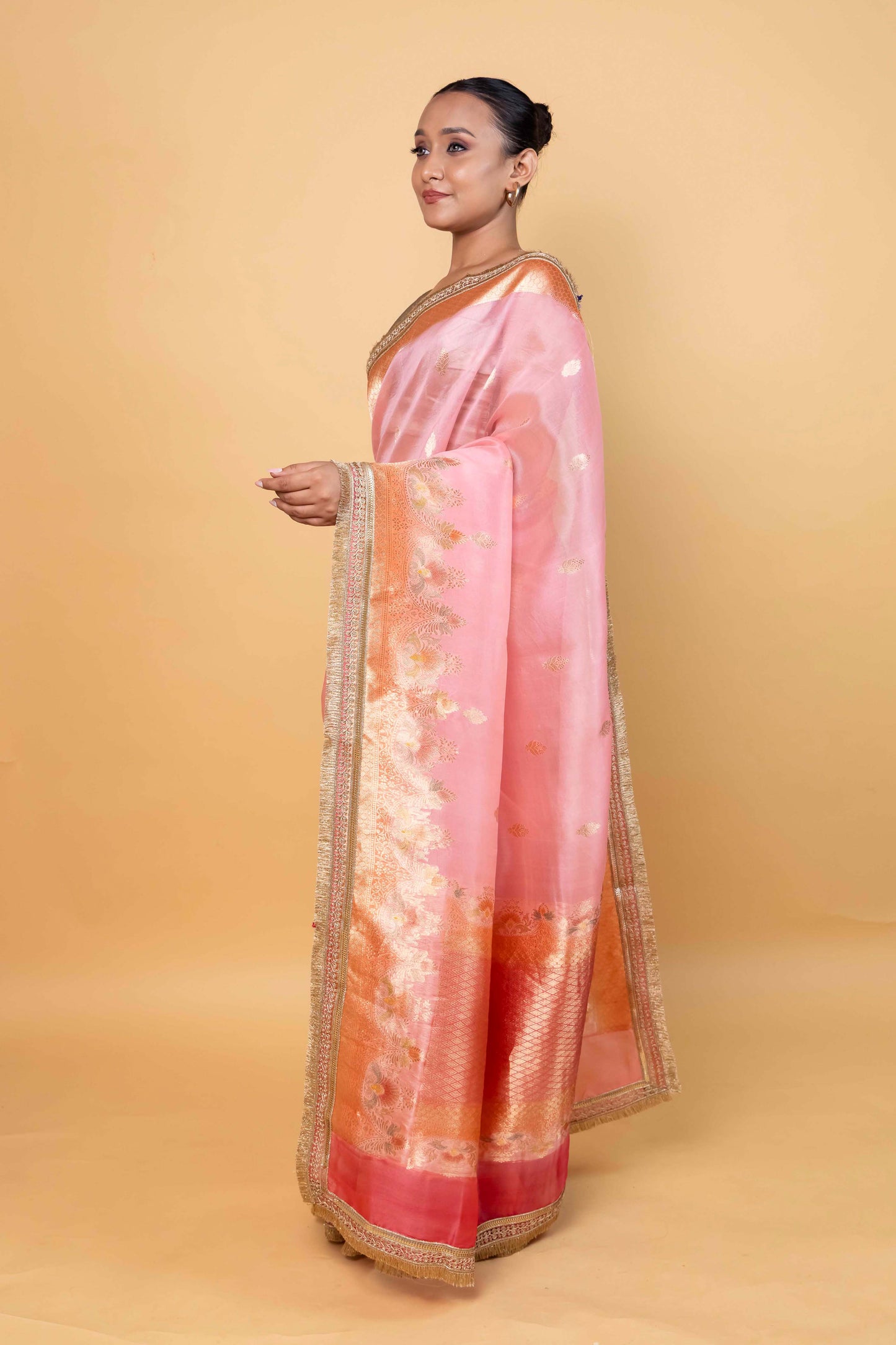 Peachy Pink Meenakari Organza Silk Saree