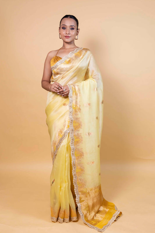 Yellow Meenakari Organza Silk Saree