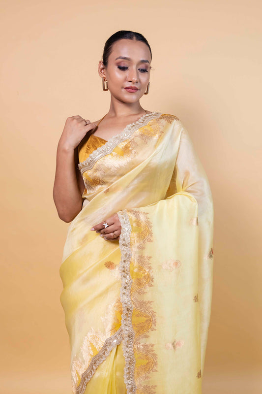 Yellow Meenakari Organza Silk Saree