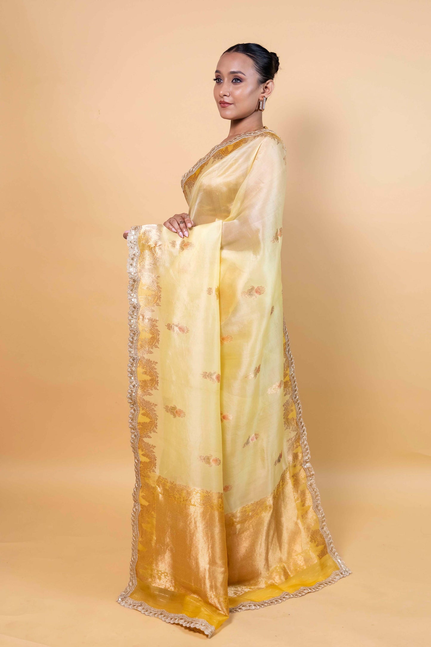 Yellow Meenakari Organza Silk Saree