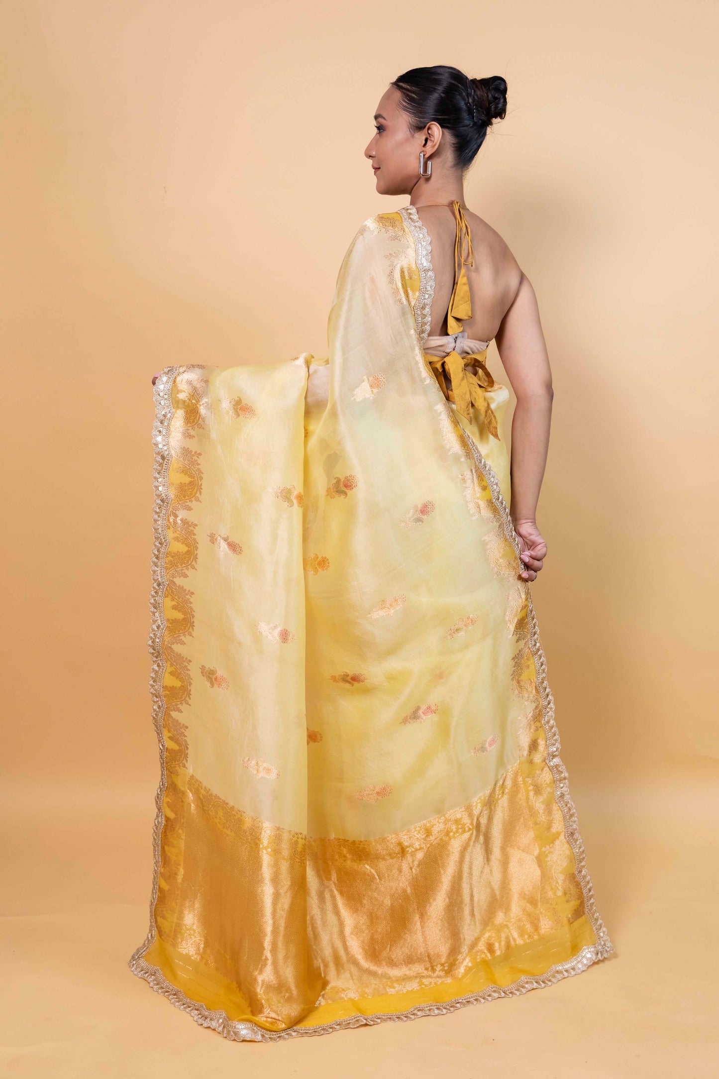 Yellow Meenakari Organza Silk Saree