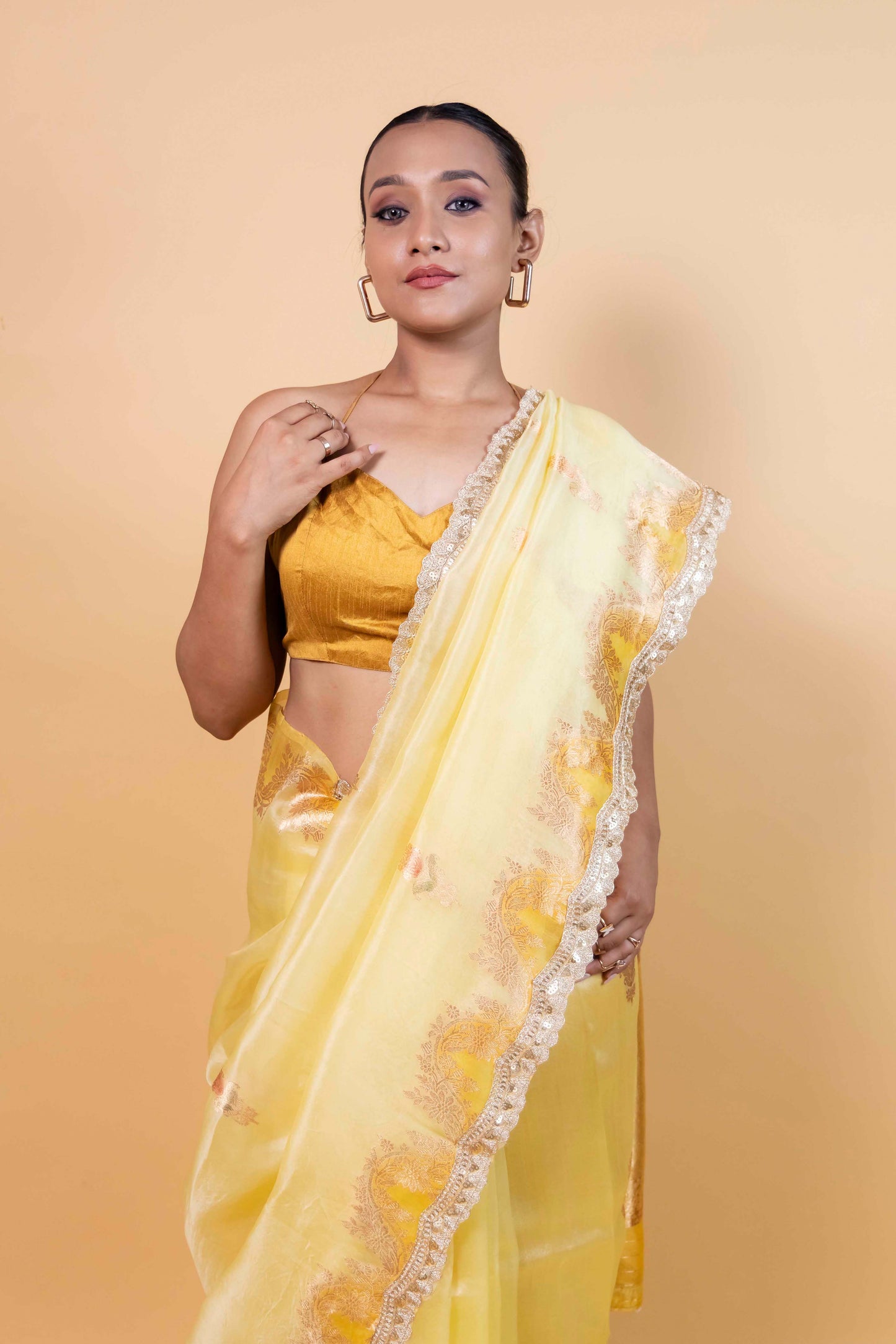 Yellow Meenakari Organza Silk Saree