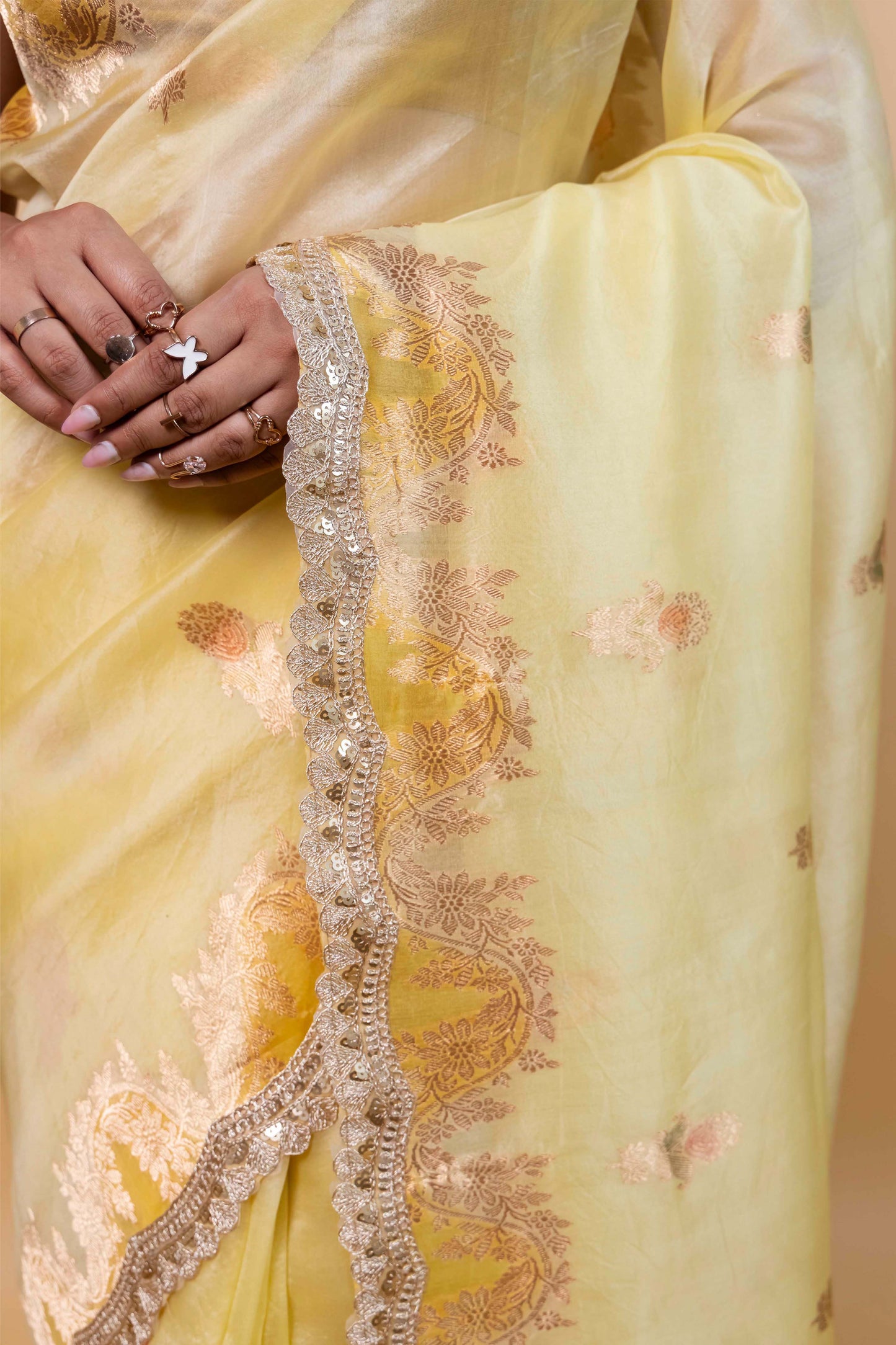 Yellow Meenakari Organza Silk Saree