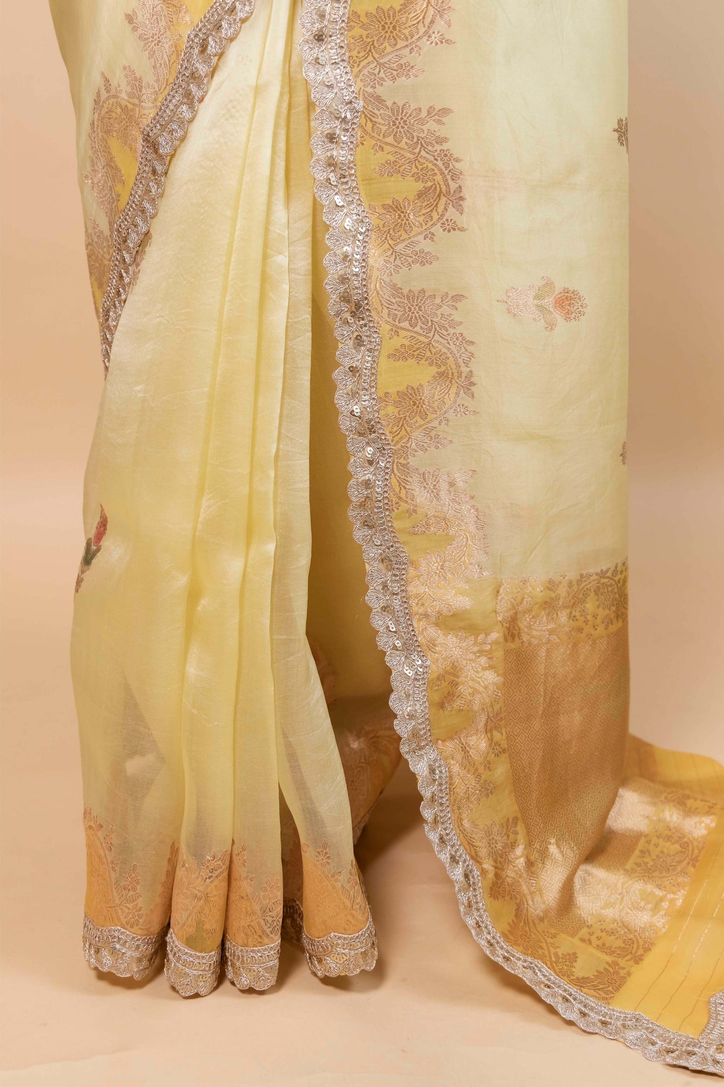 Yellow Meenakari Organza Silk Saree