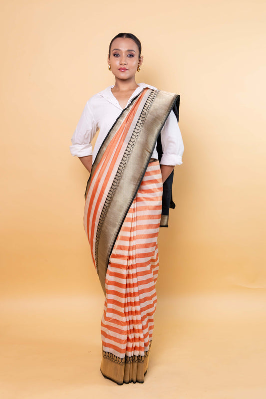 Beige & Orange Stripe Tissue Silk Saree