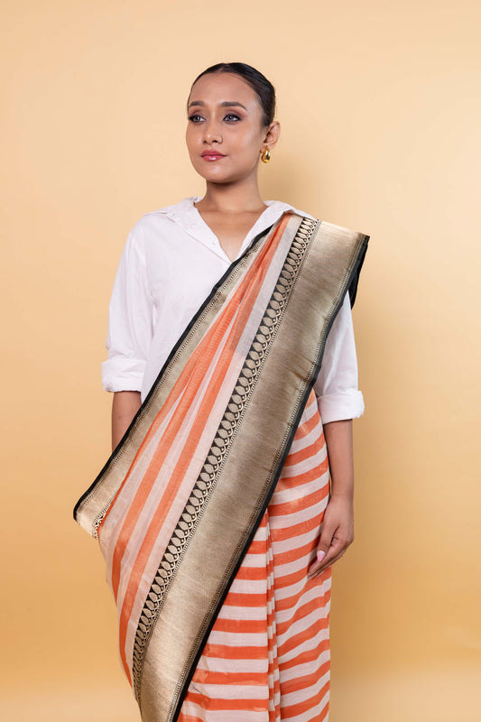 Beige & Orange Stripe Tissue Silk Saree