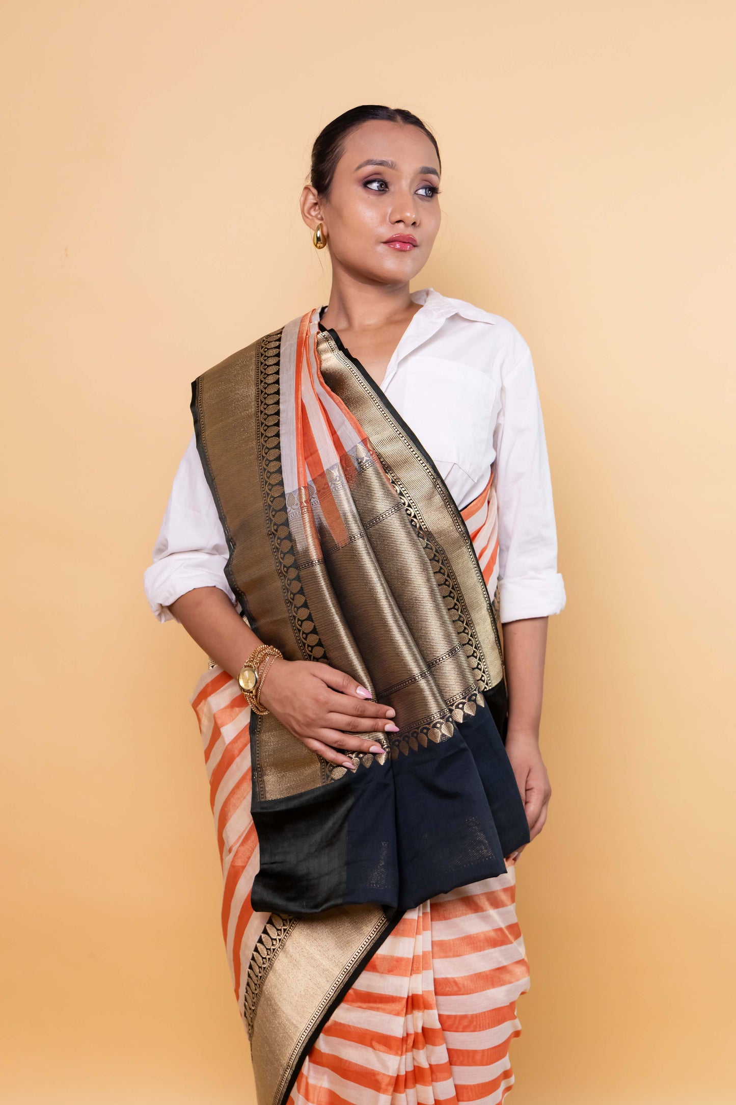 Beige & Orange Stripe Tissue Silk Saree