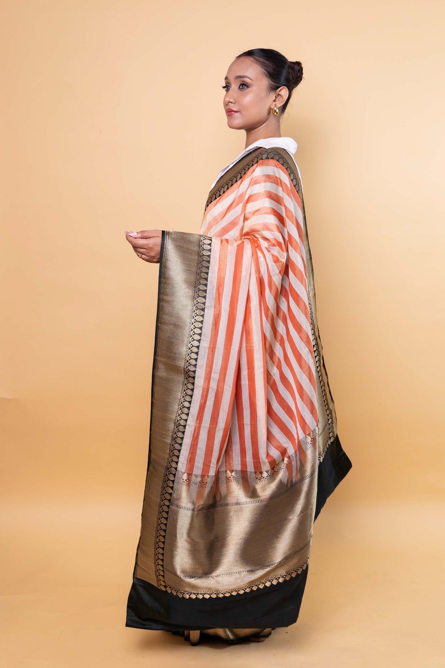 Beige & Orange Stripe Tissue Silk Saree