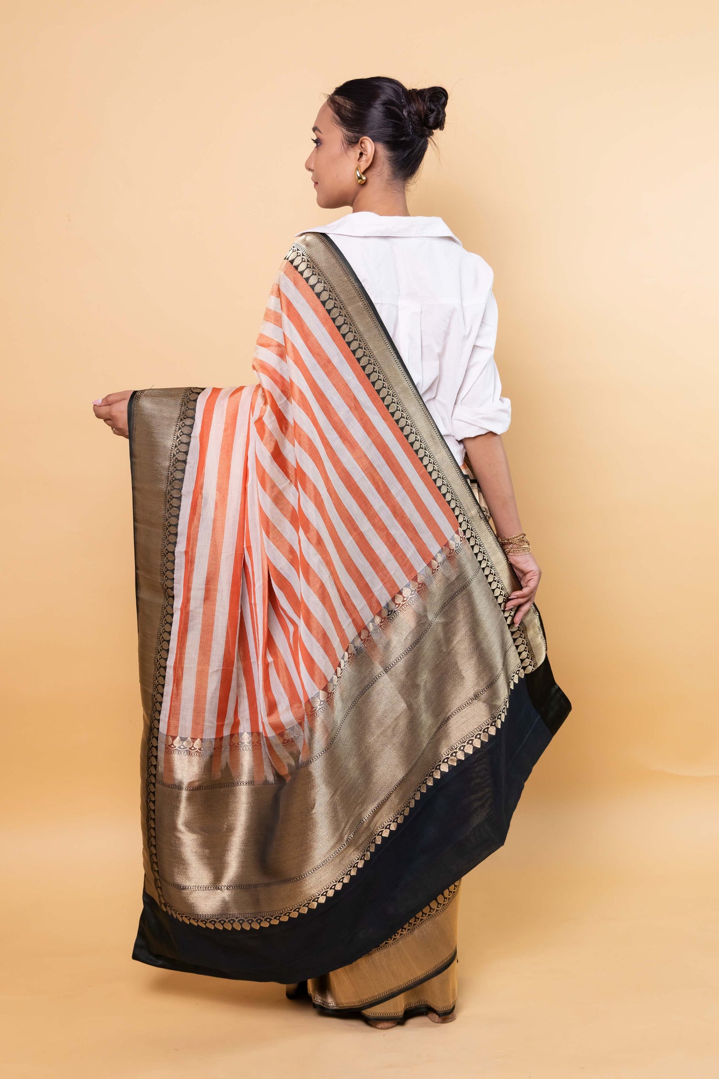 Beige & Orange Stripe Tissue Silk Saree