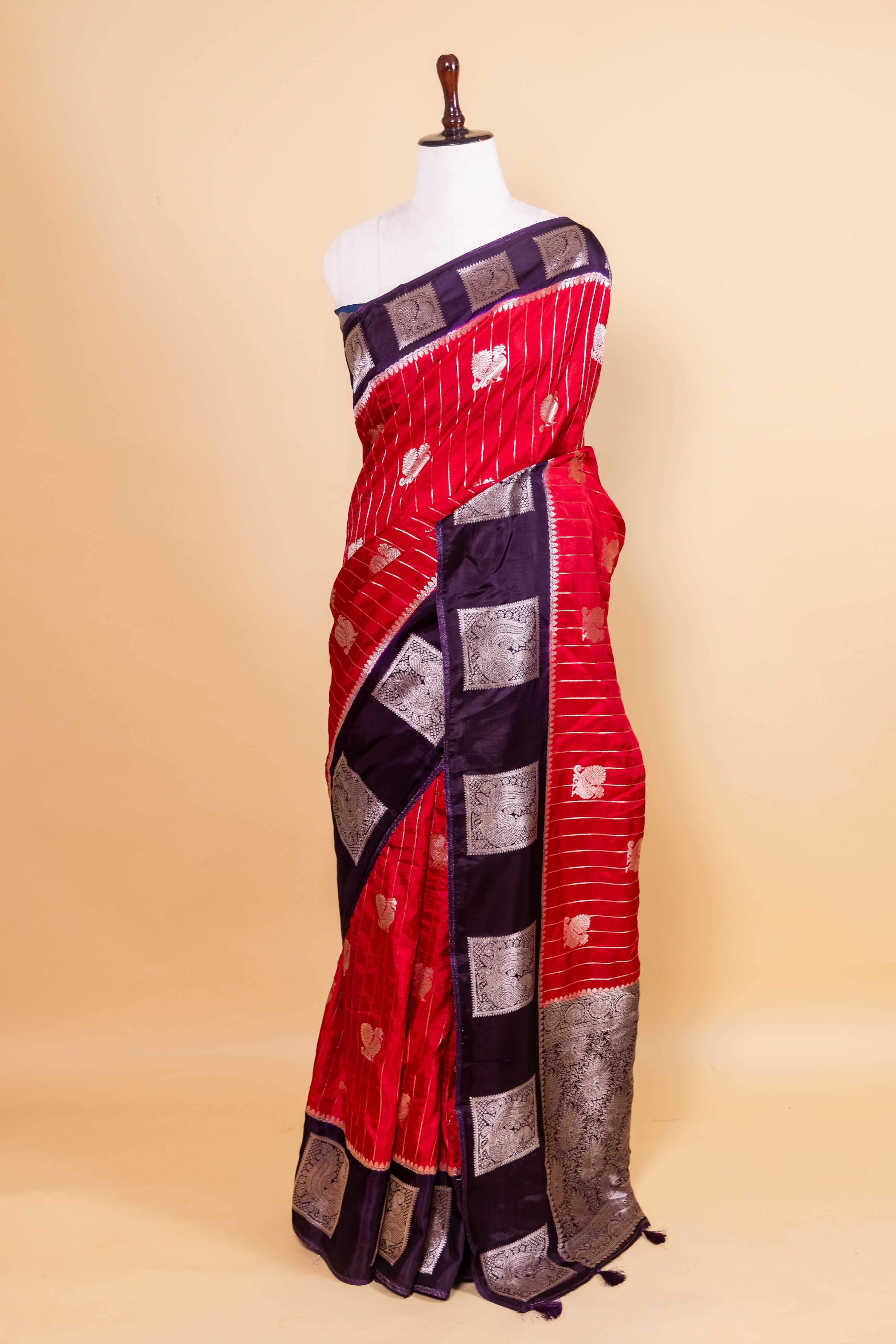 Red & Magenta Peacock Weaving Silk Saree