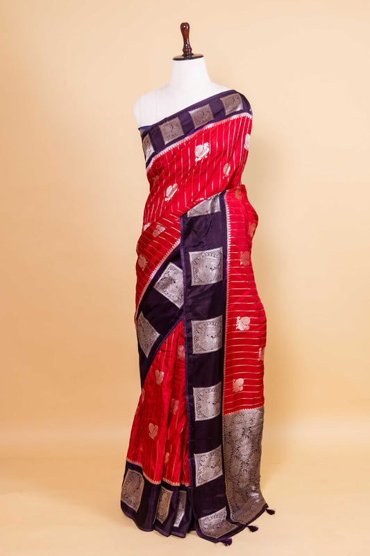 Red & Magenta Peacock Weaving Silk Saree