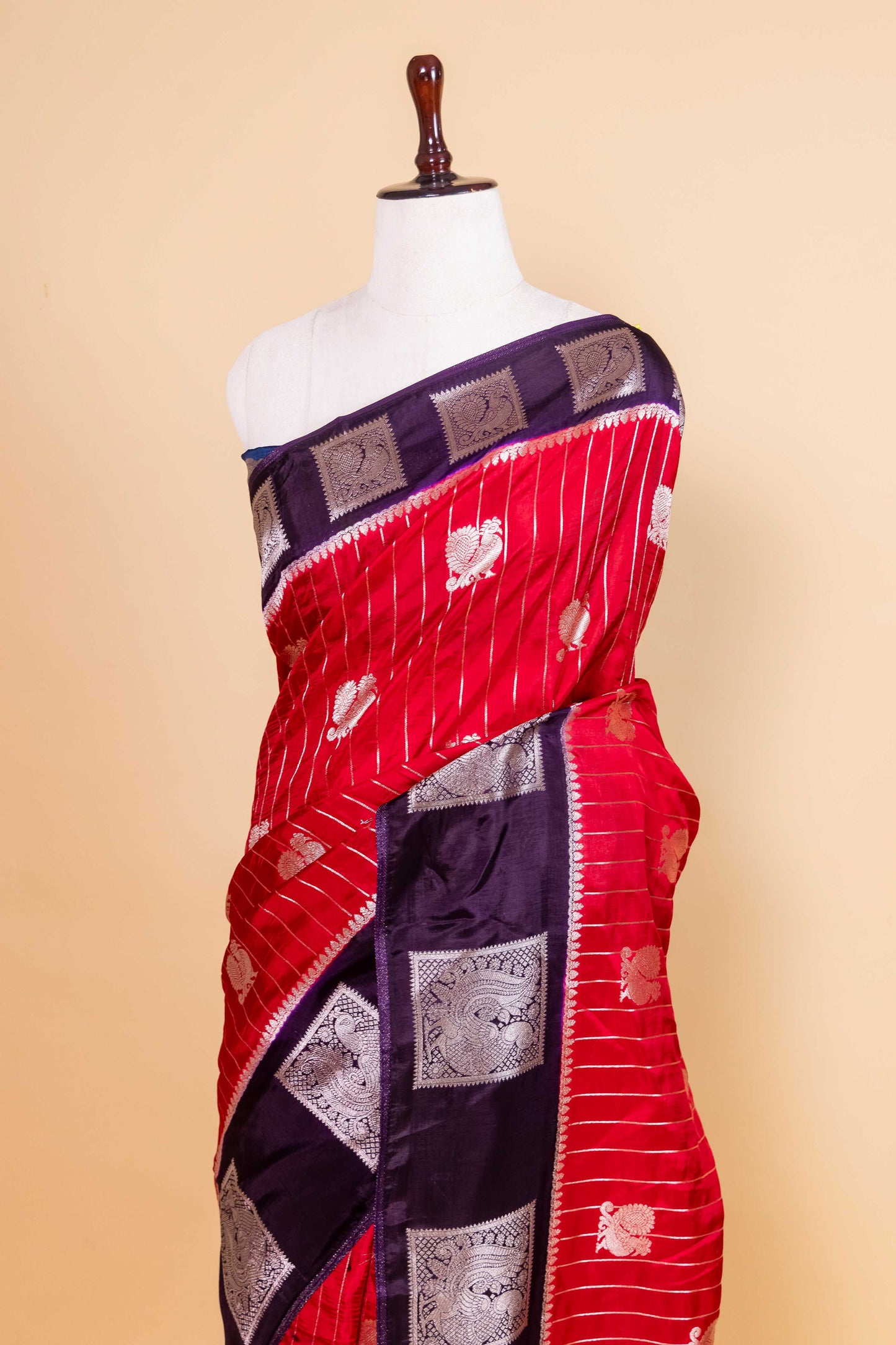 Red & Magenta Peacock Weaving Silk Saree