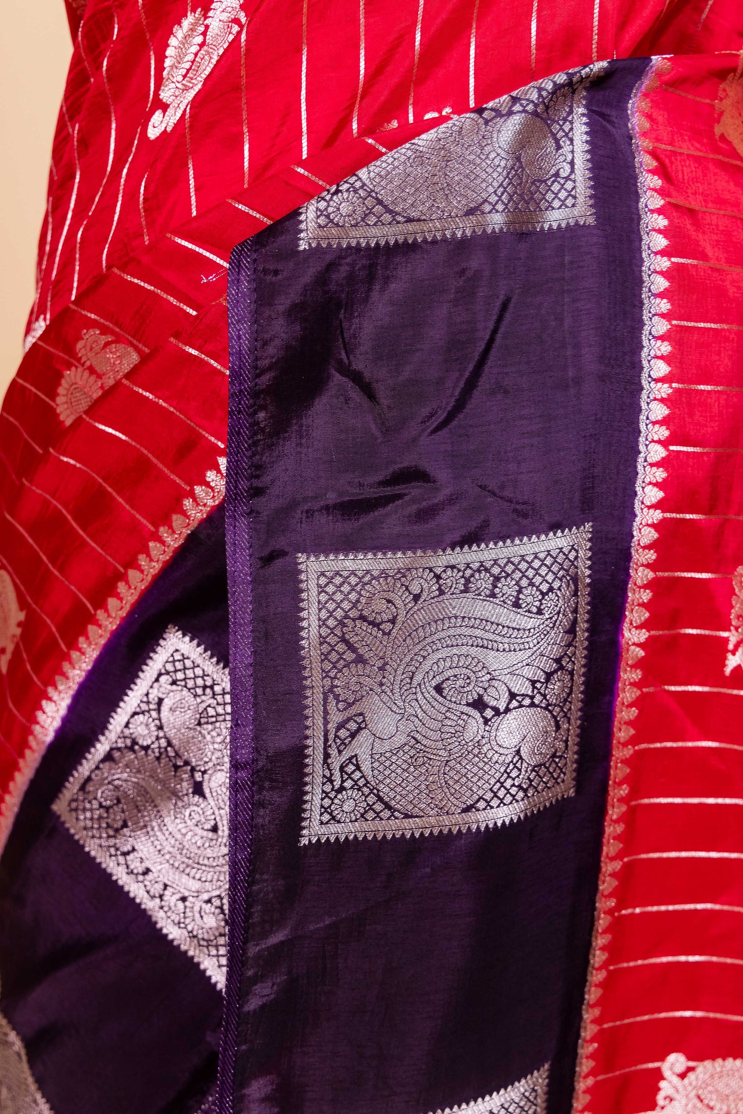 Red & Magenta Peacock Weaving Silk Saree