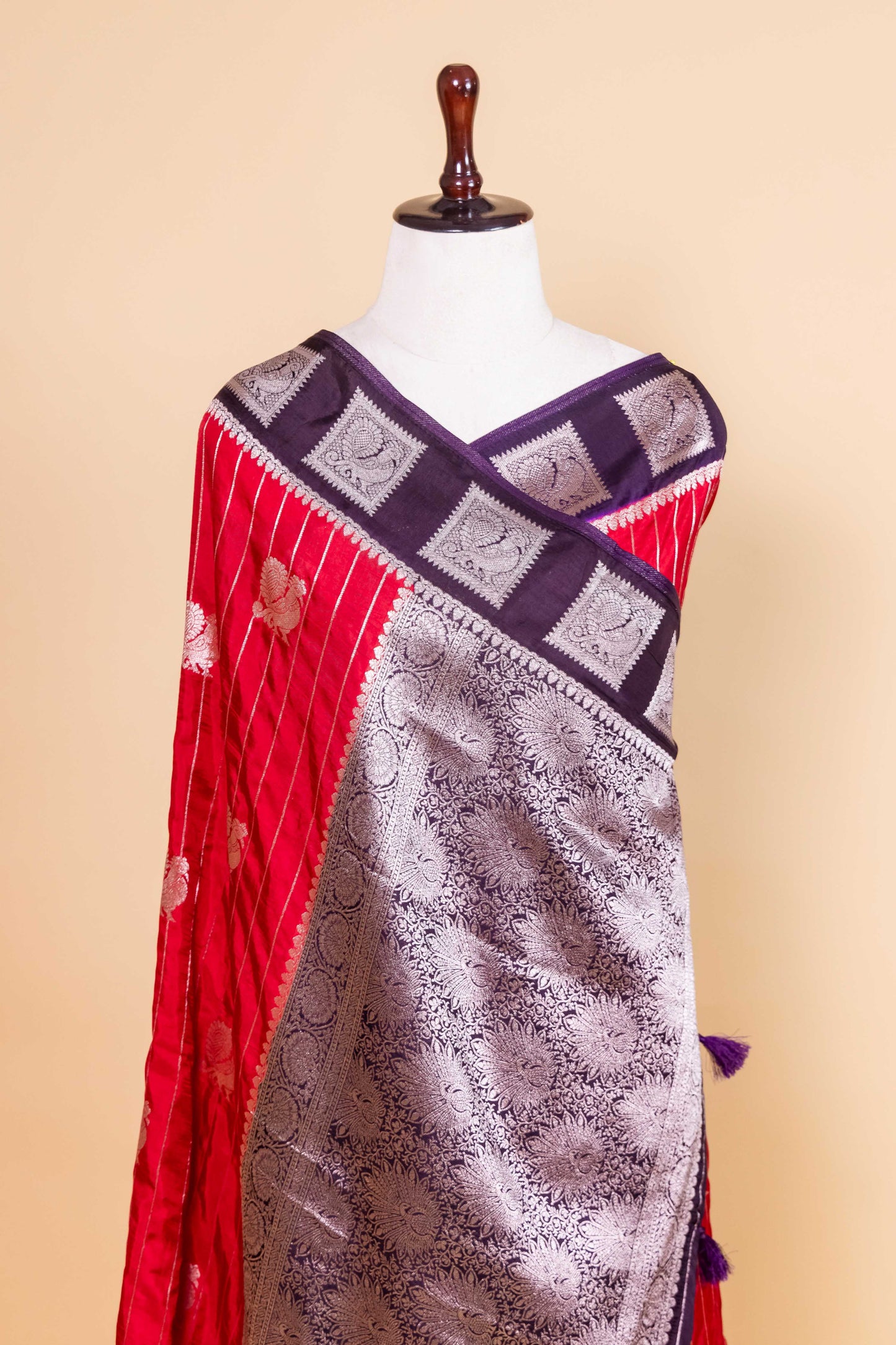 Red & Magenta Peacock Weaving Silk Saree