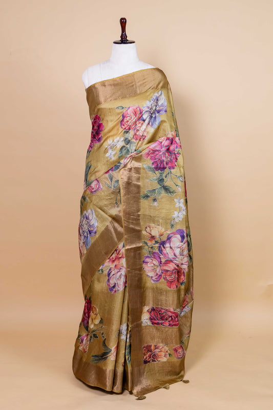 Olive Green Embellished Tussar Silk Saree