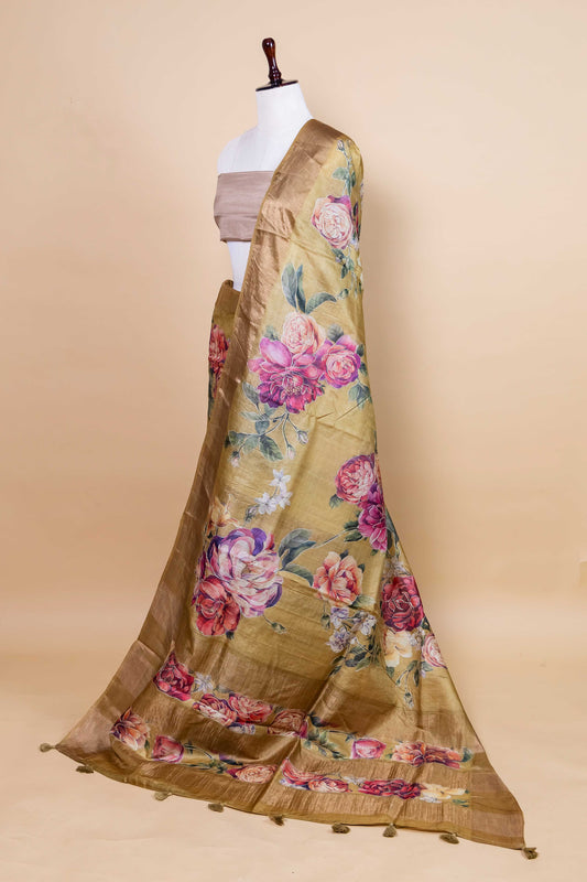 Olive Green Embellished Tussar Silk Saree