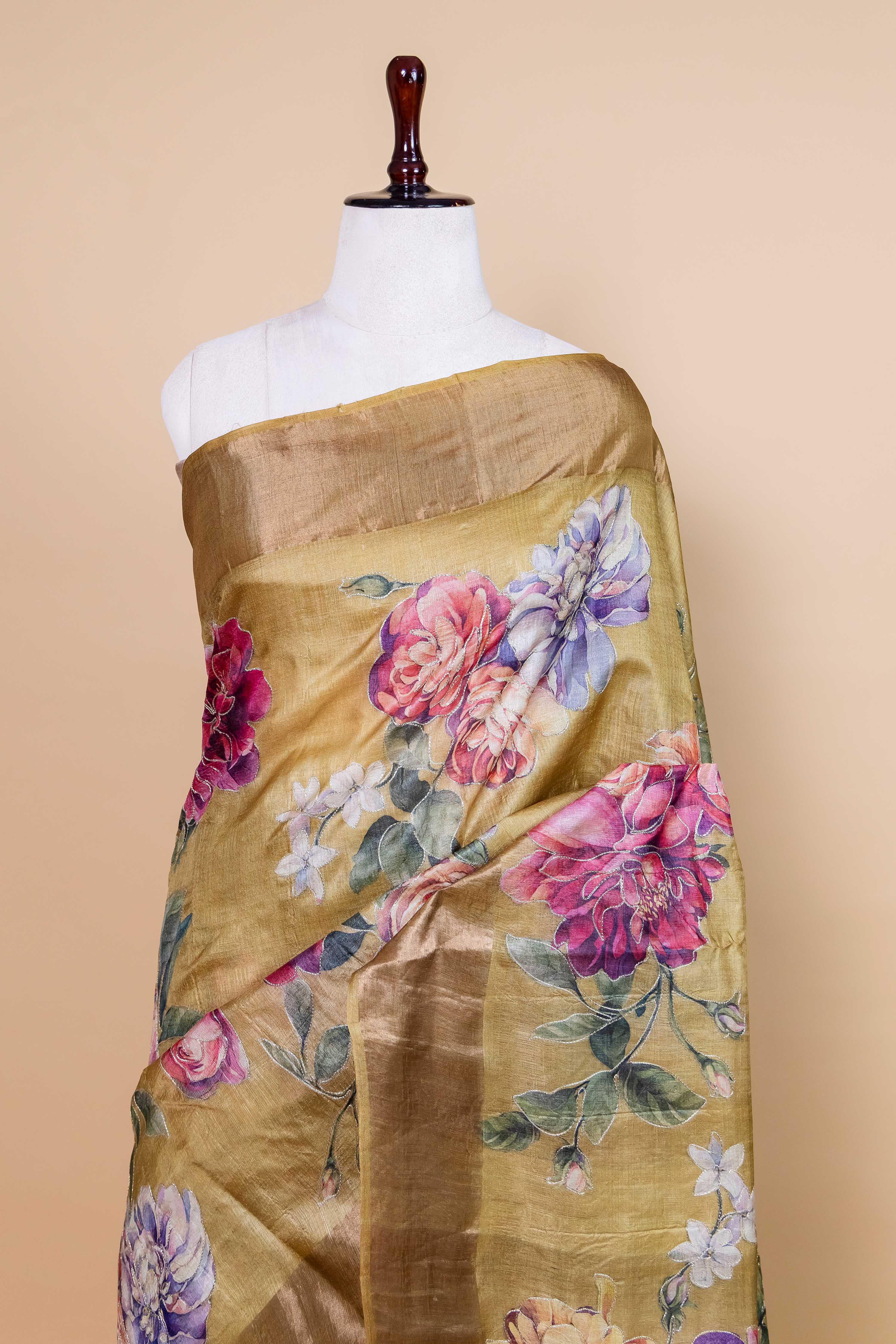 Olive Green Embellished Tussar Silk Saree