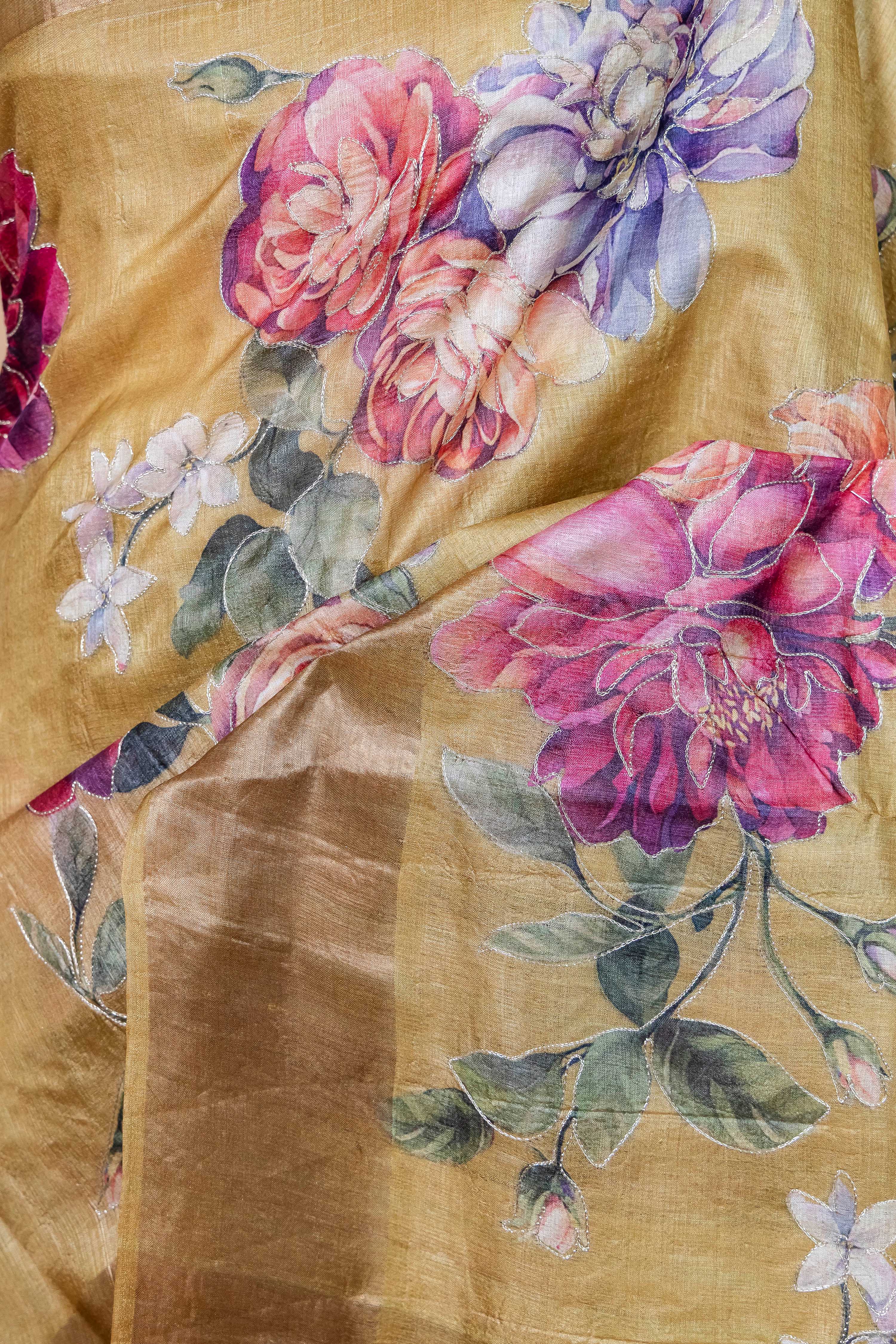Olive Green Embellished Tussar Silk Saree