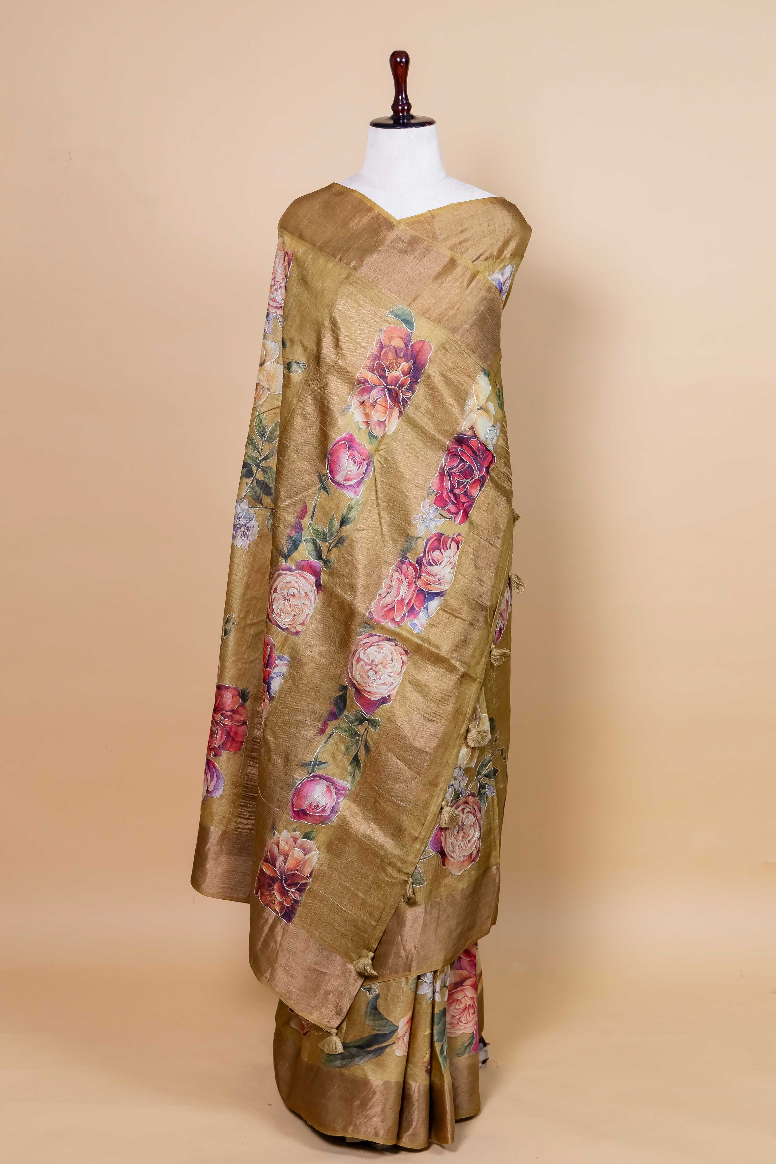 Olive Green Embellished Tussar Silk Saree
