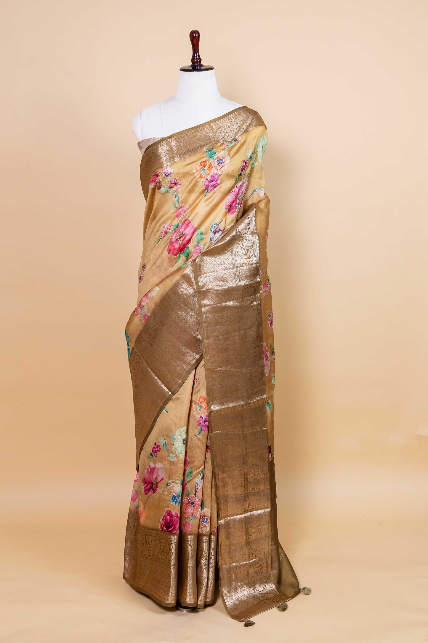 Mustard Embellished Chiniya Silk Saree