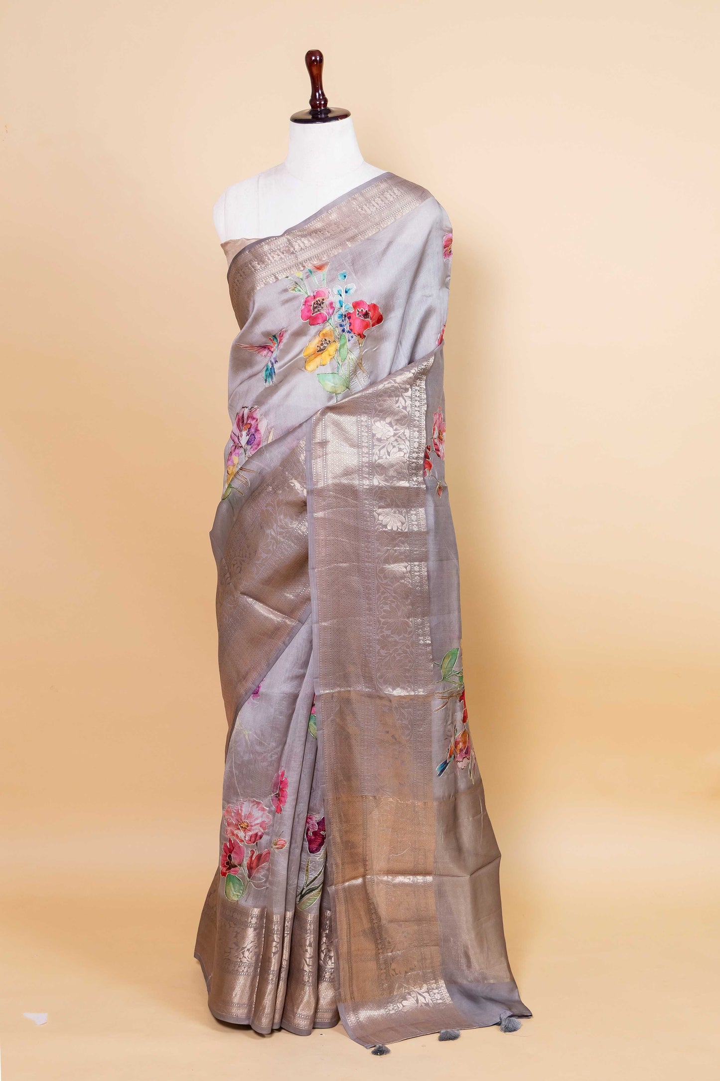 Grey Embellished Chiniya Silk Saree