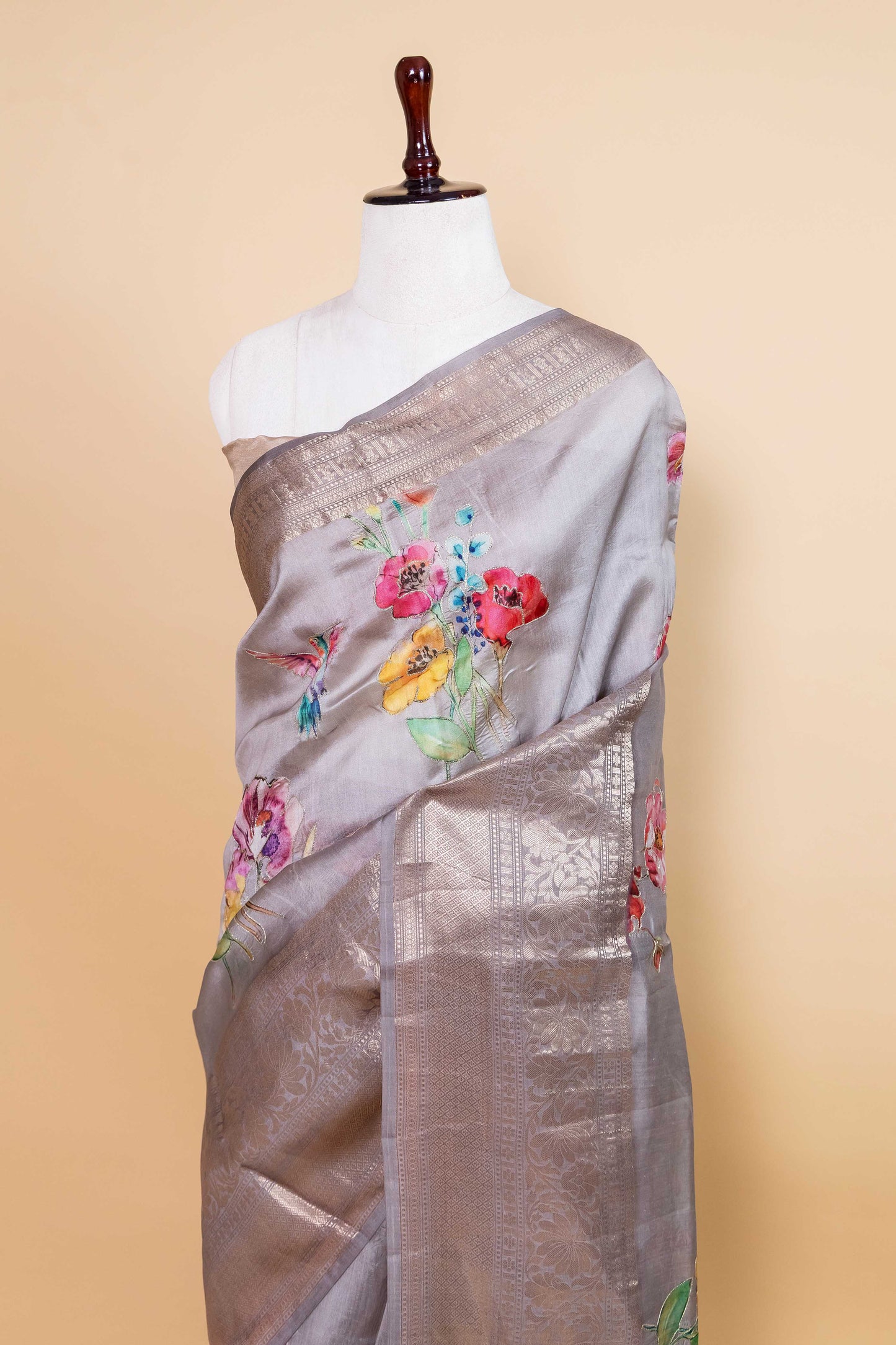 Grey Embellished Chiniya Silk Saree