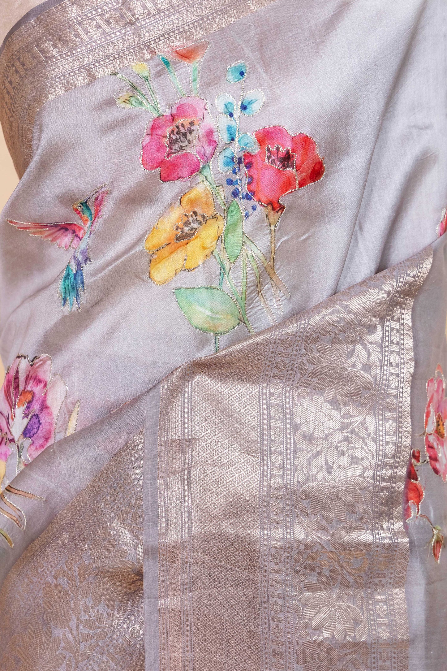 Grey Embellished Chiniya Silk Saree