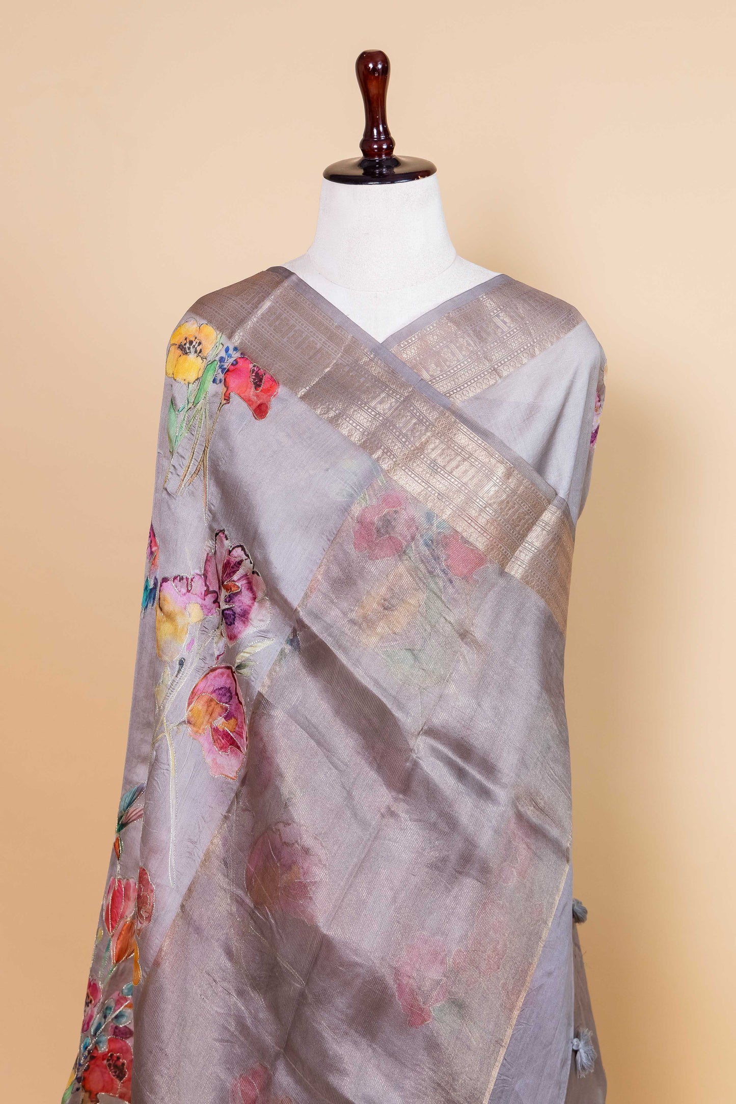 Grey Embellished Chiniya Silk Saree